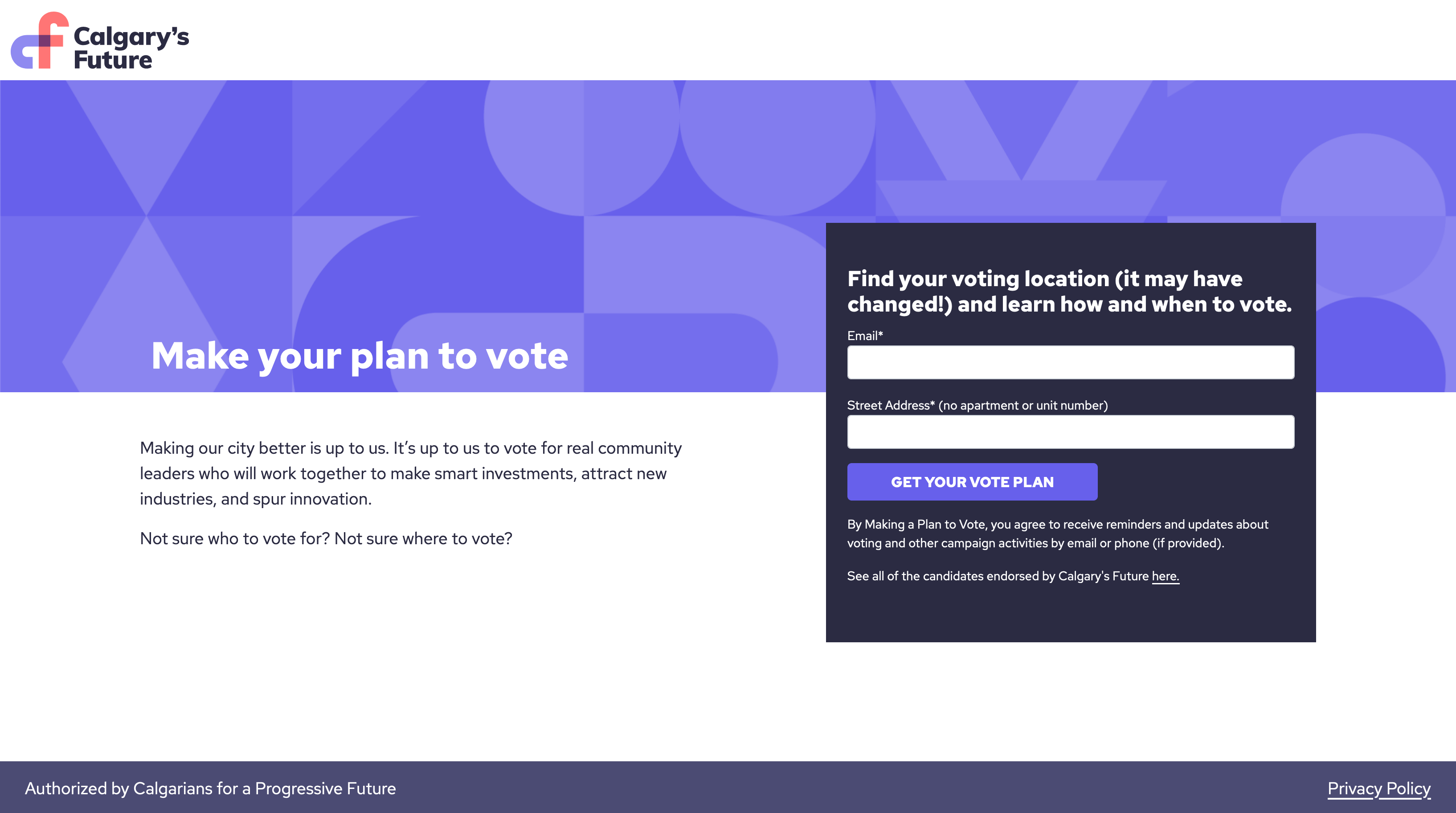 Screenshot of the Vote for Calgary's Future website.